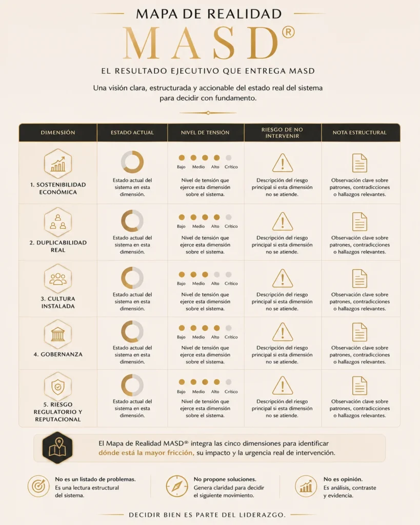 Mapa de realidad MASD. El resultado ejecutivo que se entrega. Una visión clara, estructurada y accionable del estado real del sistema para decidir con fundamento.