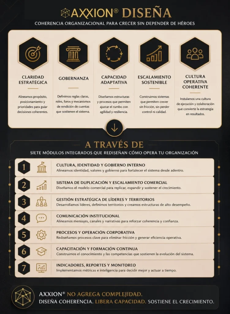 AXXION desarrolla capacidades: Los 7 módulos son el mecanismo mediante el cual AXXION construye esas capacidades.